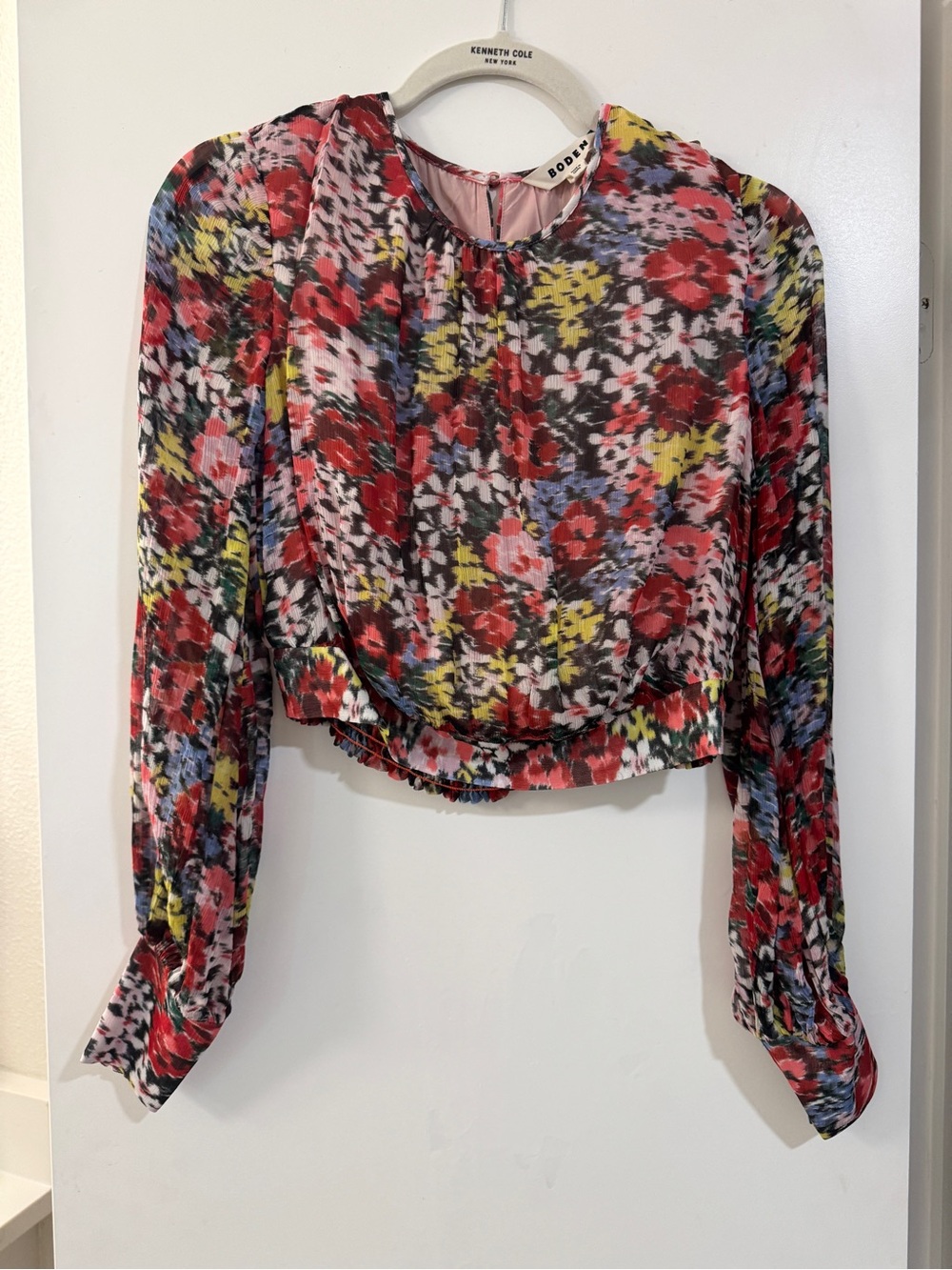 Boden Red Multi Floral Long-Sleeve Cropped Blouse